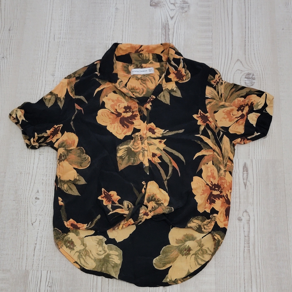 Faithfull the Brand Women's 100% Rayon Black and Gold Floral Button Down Shirt